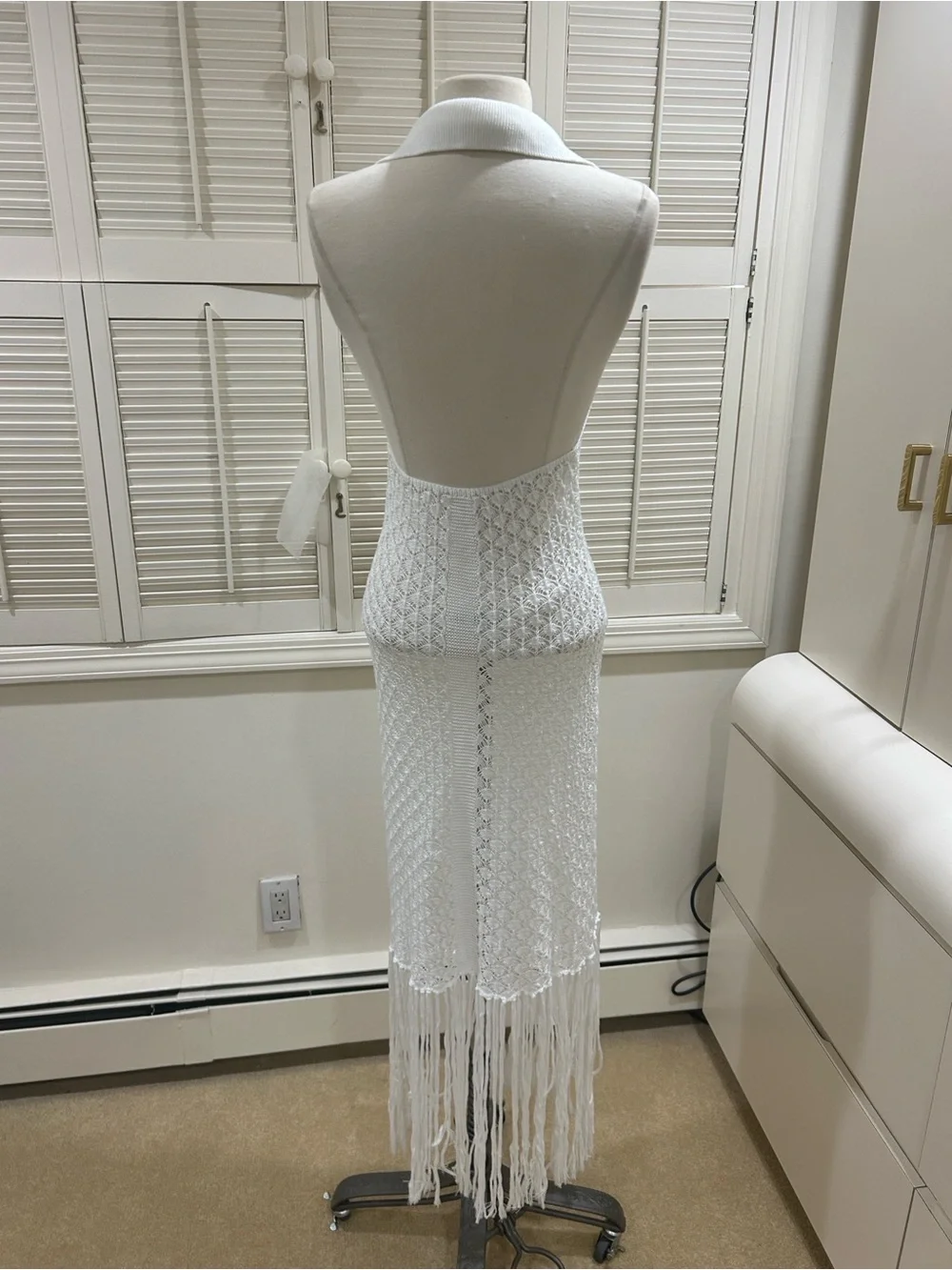 New White Crochet Fringe Maxi Dress Cover up with Collared V-Neck